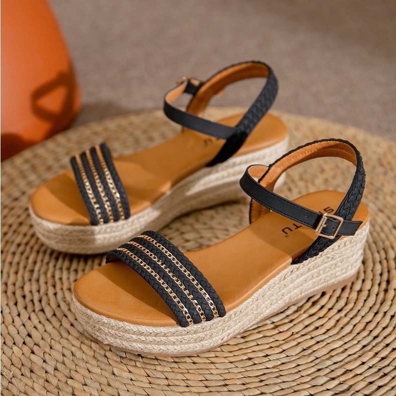 Giày sandal Siketu, đế xuồng bọc cói cao 5cm