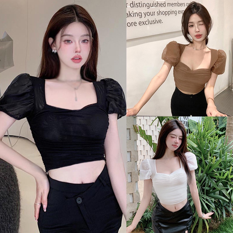 Áo Lưới Tay Phồng Xếp Ly Ôm Dáng Màu Sắc Ngọt Ngào