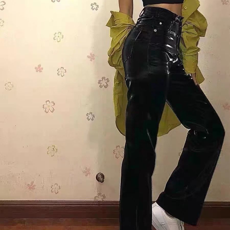 Futuristic shiny liquid disco leather pants liquid light-sensitive straight high waist pants niche pants European and American