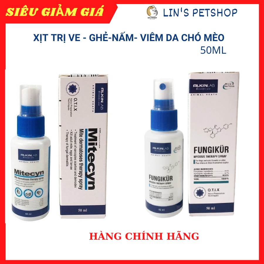 Xịt Alkin Mitecyn - Fungikur tr.ị gh ẻ ,v iêm da, nấm cho chó mèo