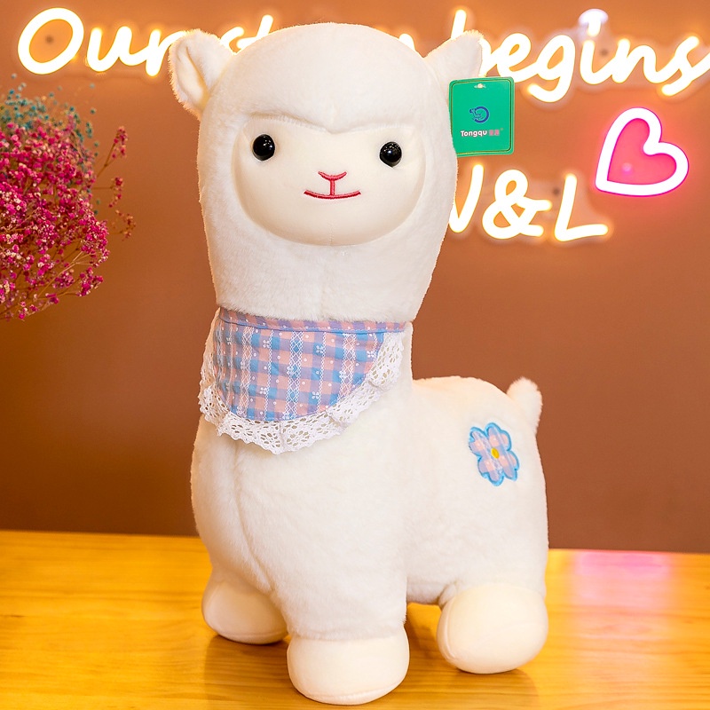 Gấu bông lạc đà Alpaca đeo khăn 2 màu trắng hồng- Thú nhồi bông Alpaca linh vật may mắn NEOCI