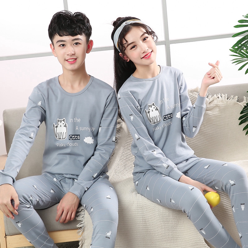 8-18Yrs Teen Boys Bear Sleepwear Soft Breathable Homewear Sleep Shirt Kids Girl 2pcs Cartoon Cotton Pyjamas