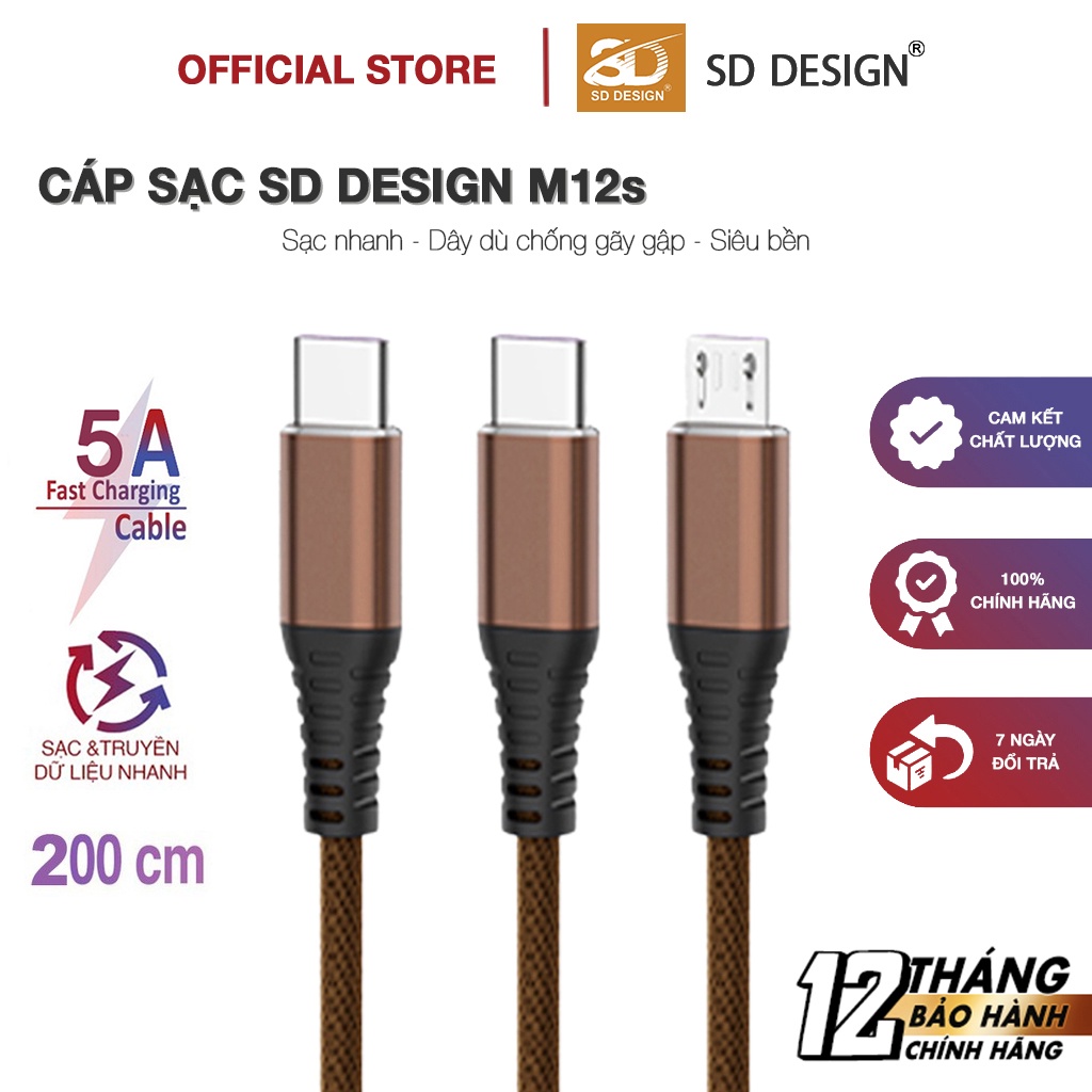 Cáp sạc nhanh 5A chính hãng SD DESIGN M12s sạc nhanh cho nhiều dòng điện thoại, dây dù chống đứt dài 2m