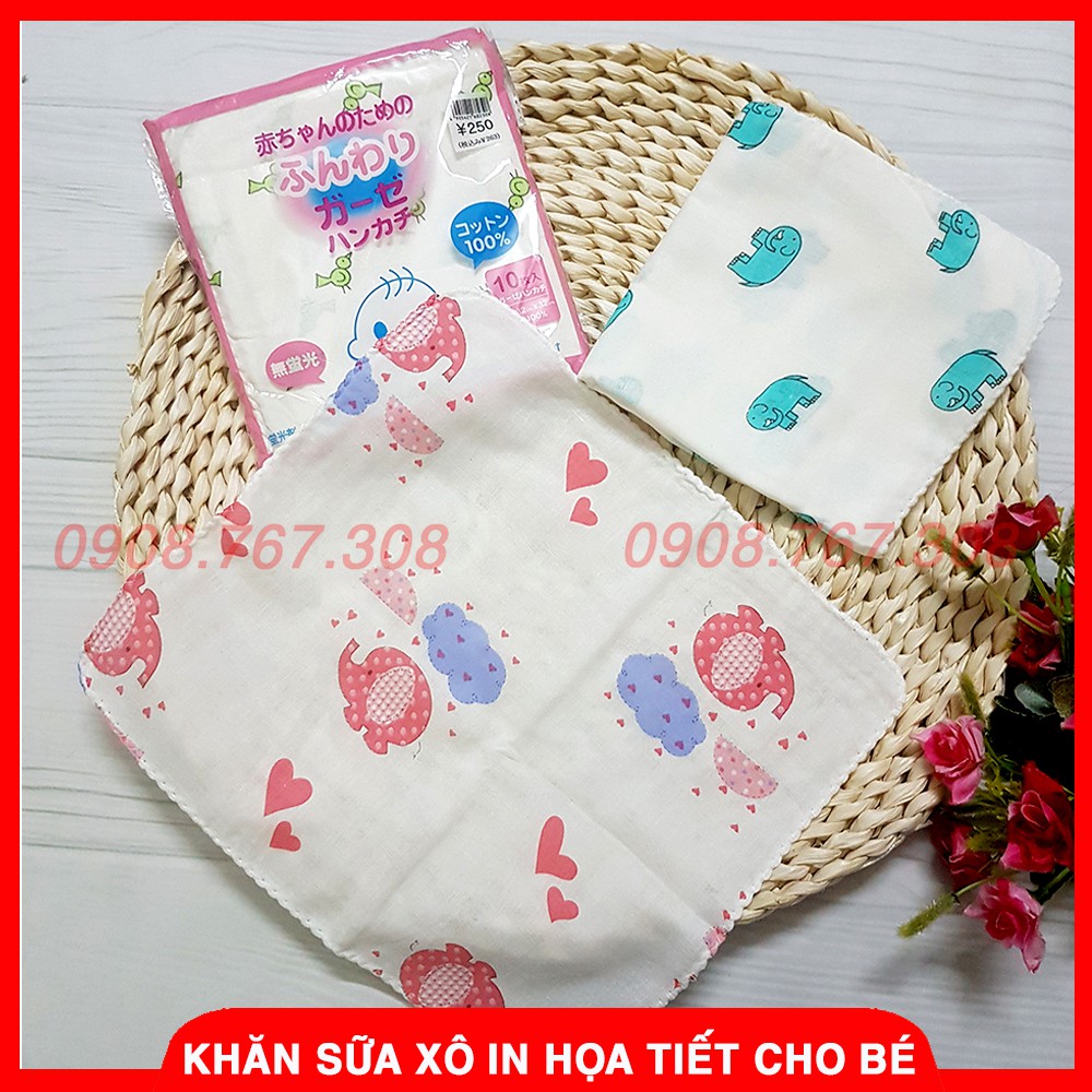 [GÓI 10 CHIẾC] Khăn Sữa In Họa Tiết Xuất Nhật - Khăn Sữa Xô 2 Lớp Hoa Mềm Mại