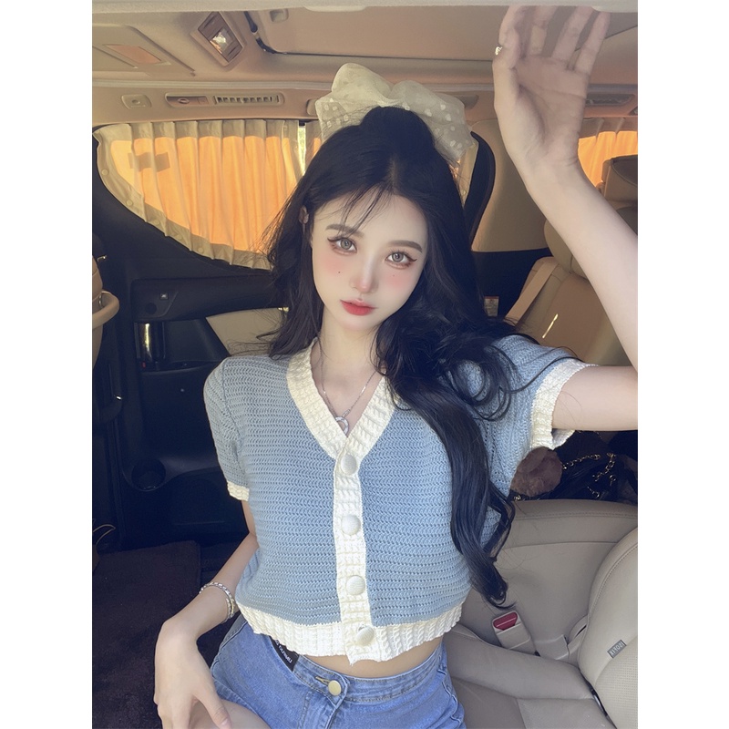 Áo Dệt Kim Ngắn Cổ Chữ V Thời Trang Hàn Quốc Cho Nữ