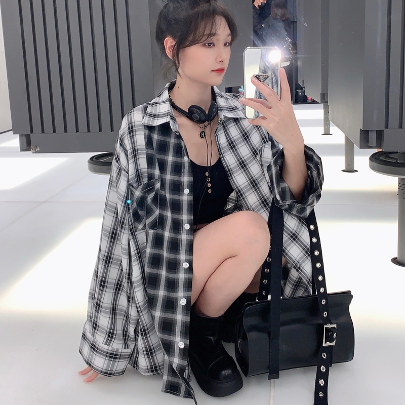 SUXI Áo Khoác Sơ Mi Chống Nắng Dáng Rộng Kẻ Sọc Ca Rô Trắng Đen Kiểu Retro Thời Trang Mùa Thu Cho Nữ