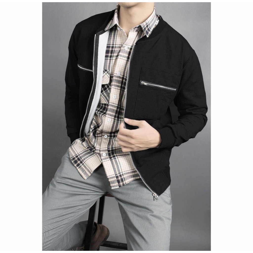 Áo khoác nam thun nỉ cotton phối hai dây kéo cao cấp AKNDBP004