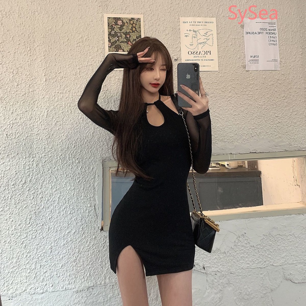 Đầm Tay Dài Phối Lưới Thiết Kế Xẻ Tà Thời Trang Mùa Thu Quyến Rũ Cho Nữ