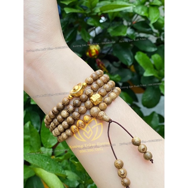 Chuỗi Trầm Hương Tốc 108 hạt mix Thỏi vàng - Hũ vàng - Vòng Tay Gỗ tự nhiên Nam Nữ - Dây Tràng