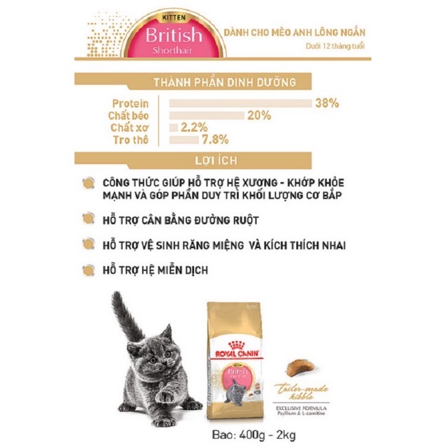 Thức ăn cho mèo Royal Canin British Shorthair Kitten. Dành cho mèo anh lông ngắn dưới 12 tháng tuổi