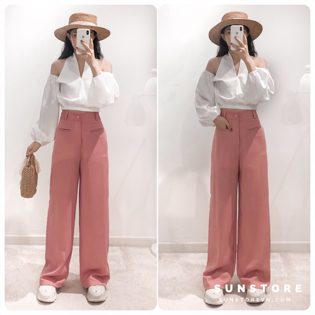 Quần ống rộng túi mổ culottes dáng suông dài cài nút lưng cao chất rũ THRE PANT
