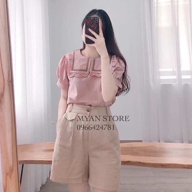 áo sơ mi bèo viền nhỏ cộc tay chất đũi