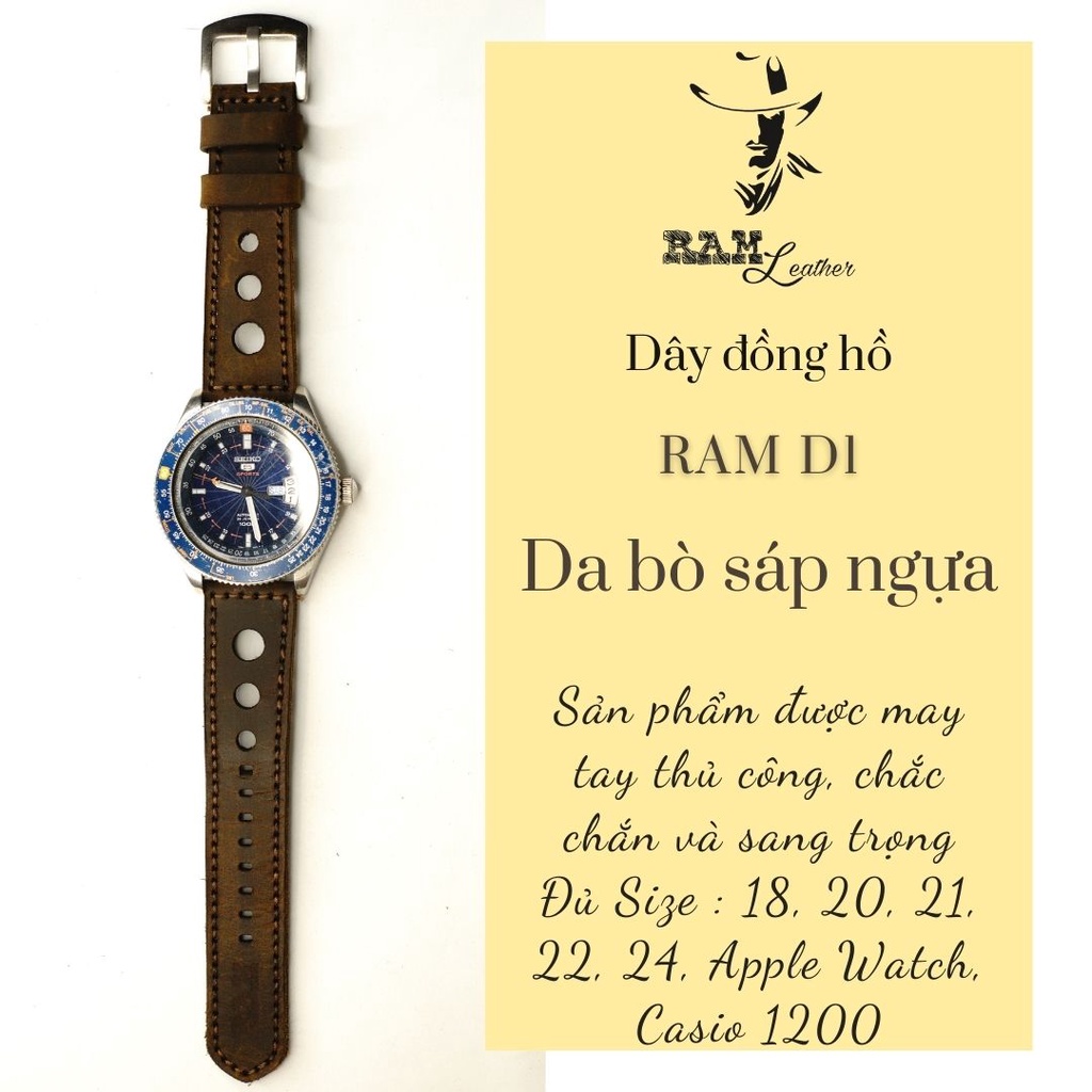 Dây đồng hồ RAM Leather vintage da bò thật 22mm cao cấp