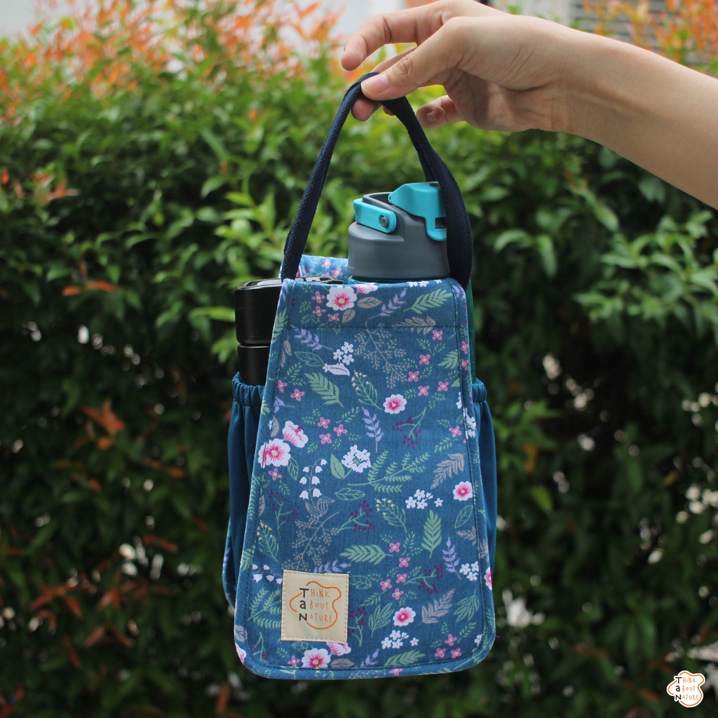 Túi vải đựng bình nước họa tiết hoa lá xanh dương TaNcupholder