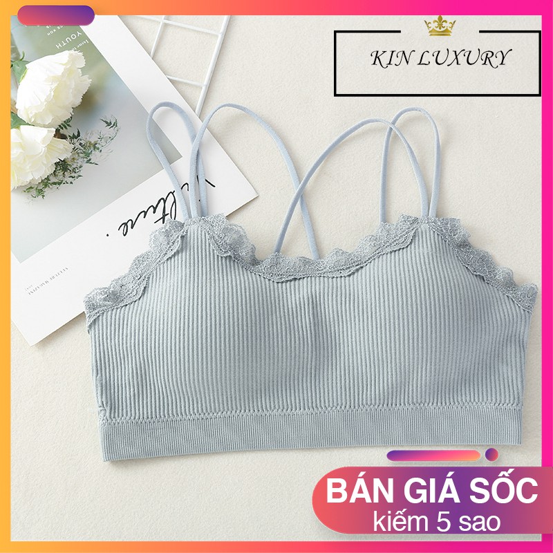 Áo bra nữ gân tăm phối ren hoa dây lưng đan chéo vải Cotton thoáng mát | BigBuy360 - bigbuy360.vn