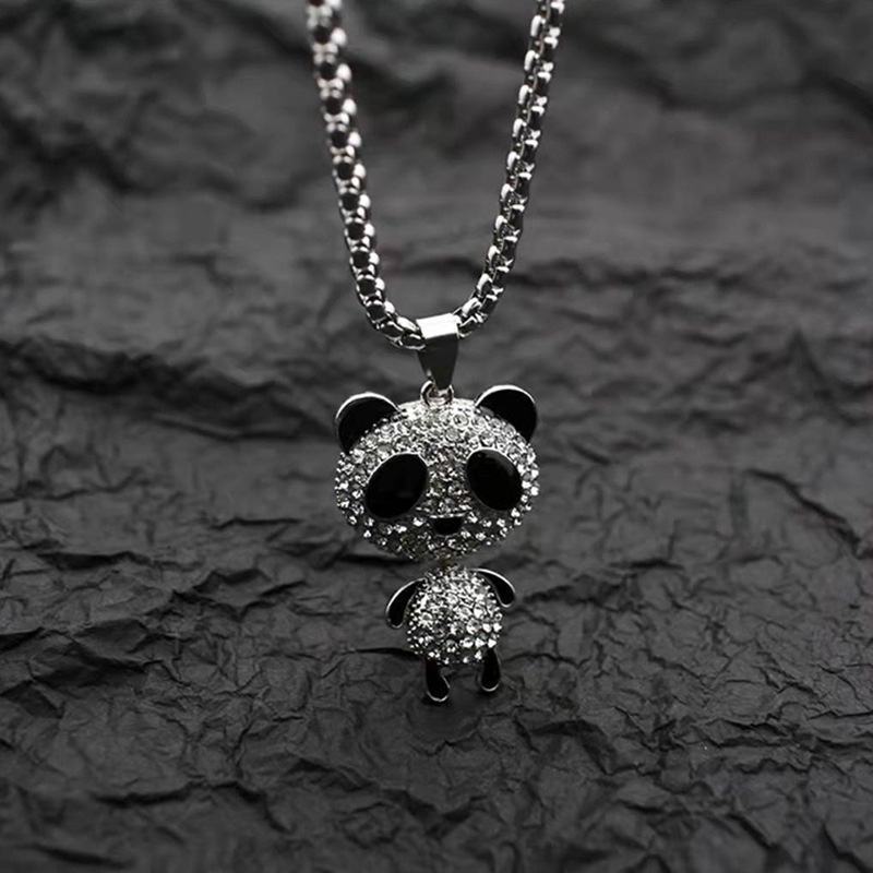 Vòng cổ inox XIAOBOACC mặt gấu trúc đính đá toàn diện phong cách hip hop - 60CM