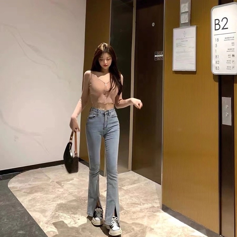 Quần Jeans Ống Loe Nữ Màu Xanh Nhạt Xẻ Gấu Tôn Dáng 1 Cúc Cạp Cao Style Cá Tính, Mặc Hàng Ngày Chất Loại 1