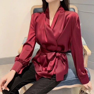 Áo sơ mi tay dài vải Satin siêu mềm thiết kế thanh lịch cho nữ