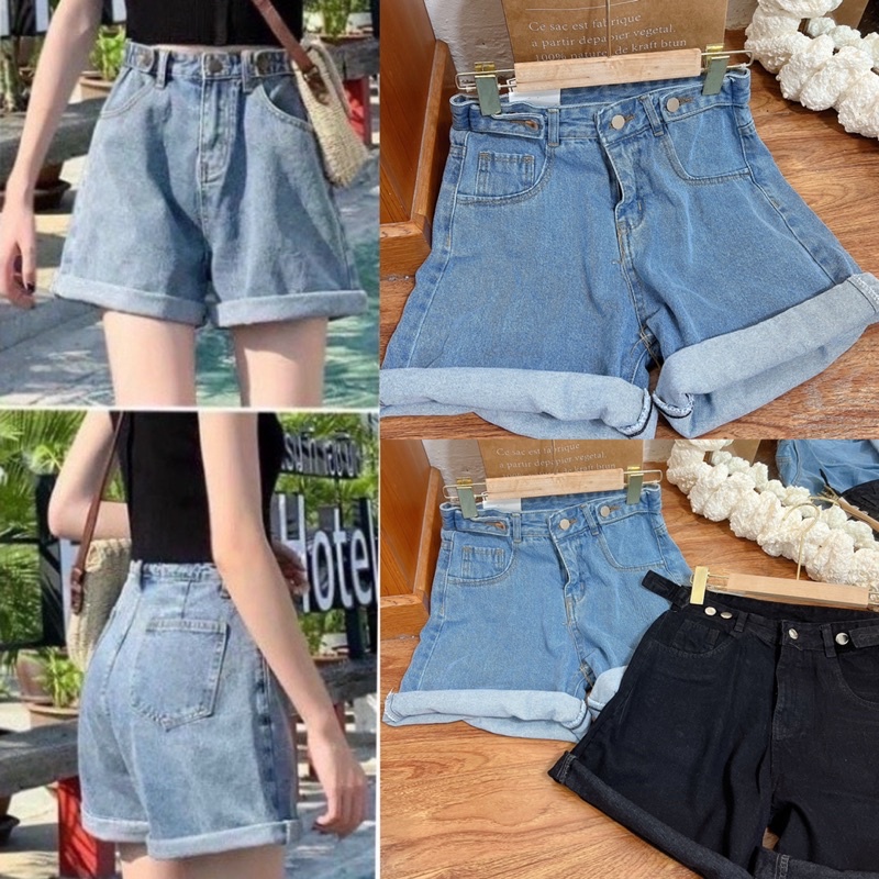[Ảnh thật/Video]Quần ngố bò nút cài Quần short jean gài cúc ở eo phong cách trẻ trung