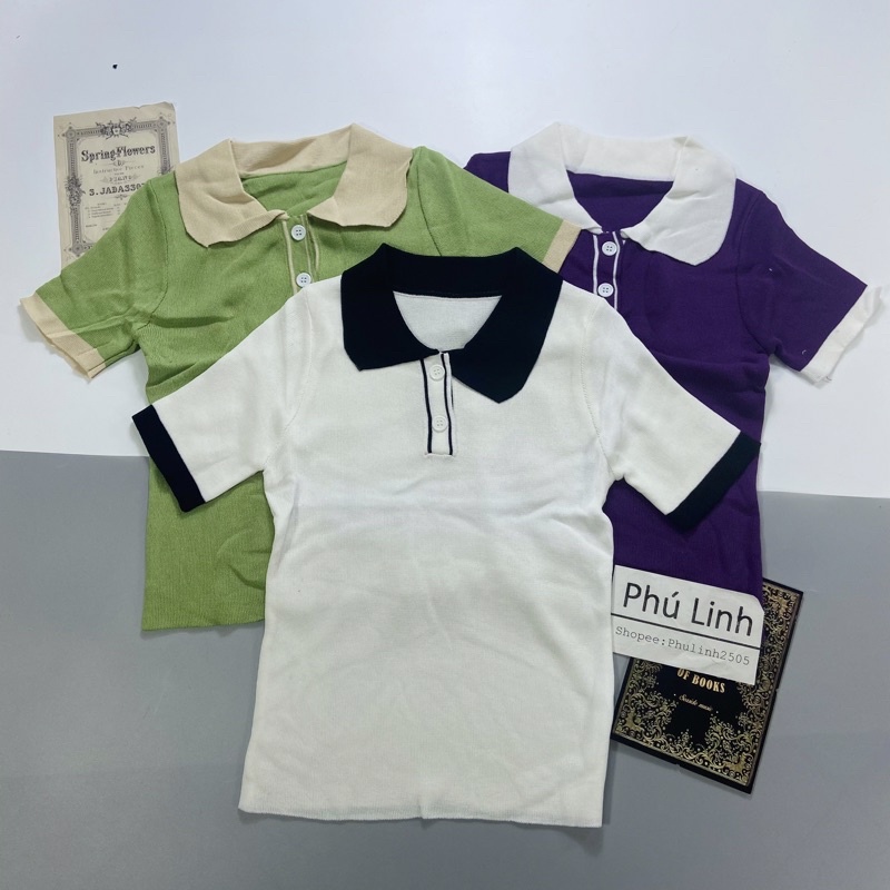 MS673 Áo polo nữ len dệt kim cổ bẻ phối màu 2 cúc