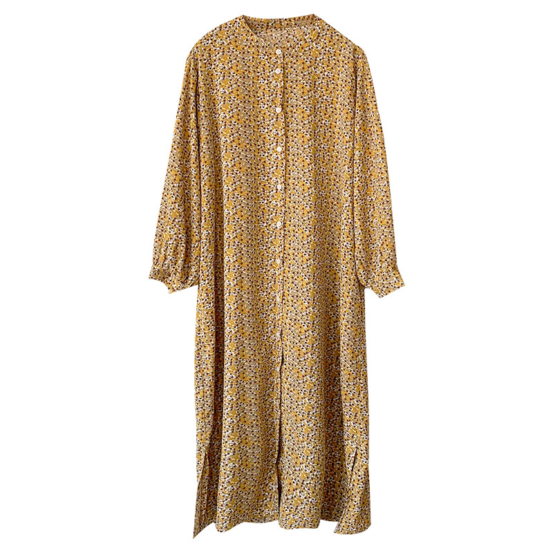 IELGY   Đầm Chiffon Dài Tay Cổ Tròn In Hoa Thời Trang