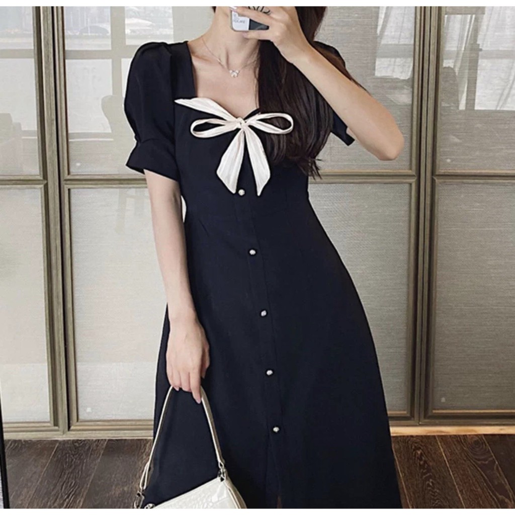 Đầm xòe đen tiểu thư phối nơ cổ