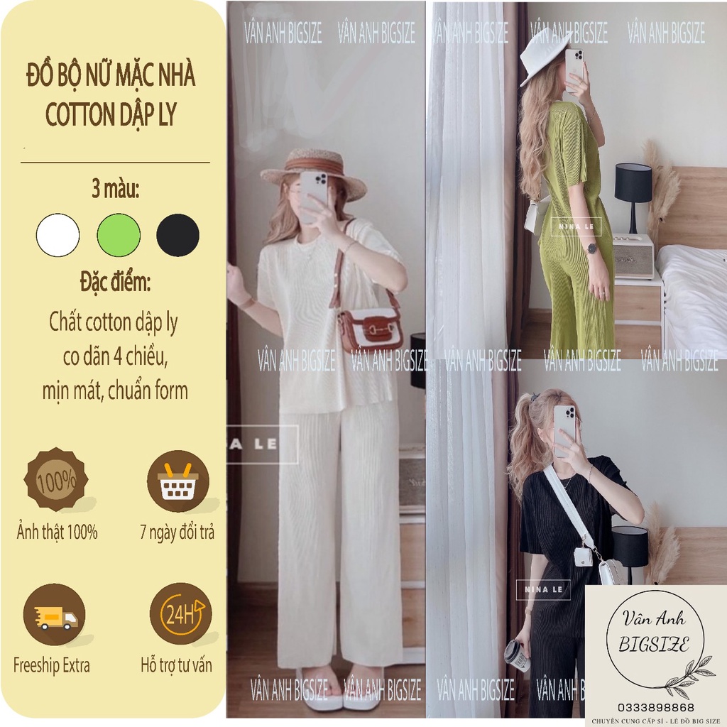 Set Bộ Nữ Mặc Nhà Chất Đẹp Loại Tốt  Cotton Tăm Dập Ly Co Dãn 4 Chiều Xanh Cốm Trắng Đen