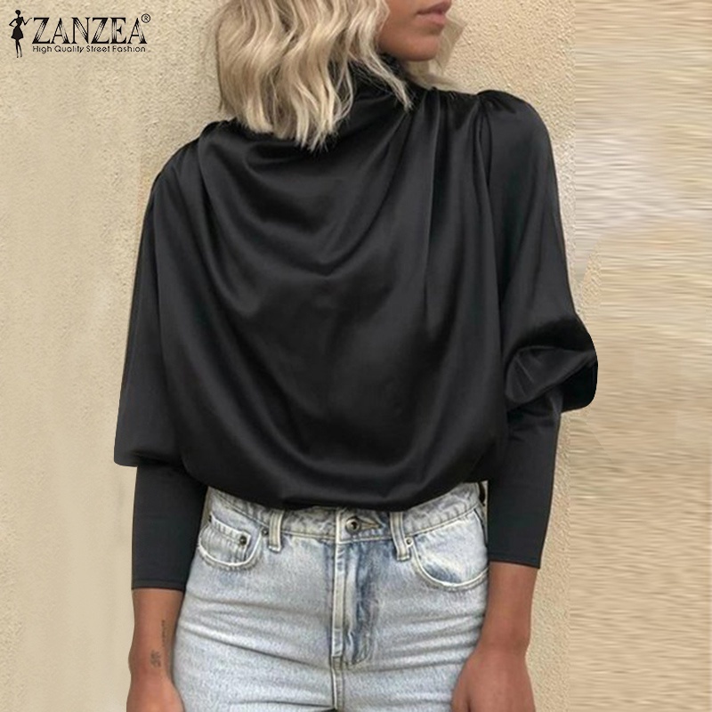 Áo kiểu ZANZEA tay dài cổ tròn xếp nếp đơn giản thời trang thanh lịch dành cho nữ