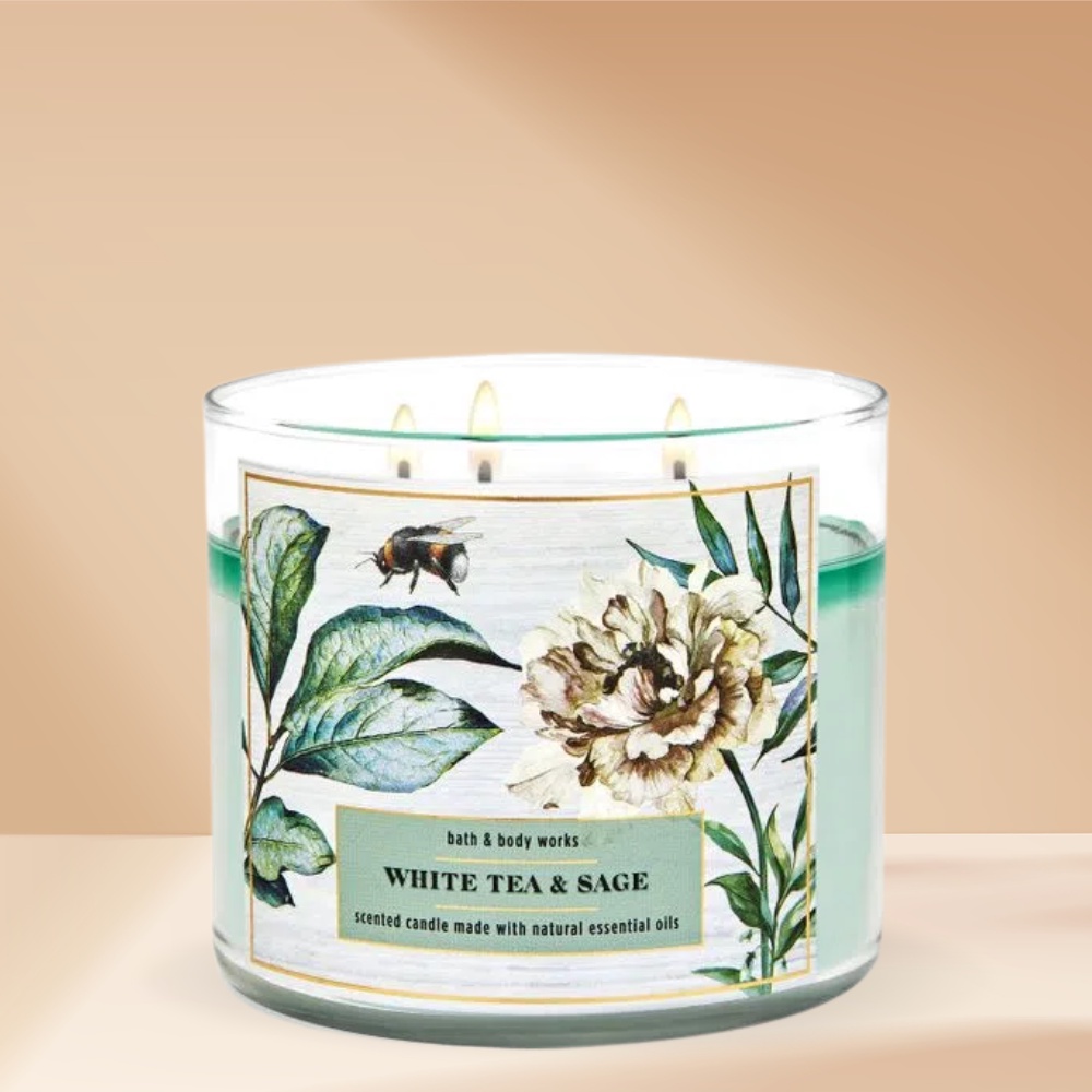 Nến Thơm 3 Bấc Bath And Body Works White Tea And Sage Hương Thơm Cuốn Hút Gợi Cảm Giác Dễ Chịu Thoải Mái 411g