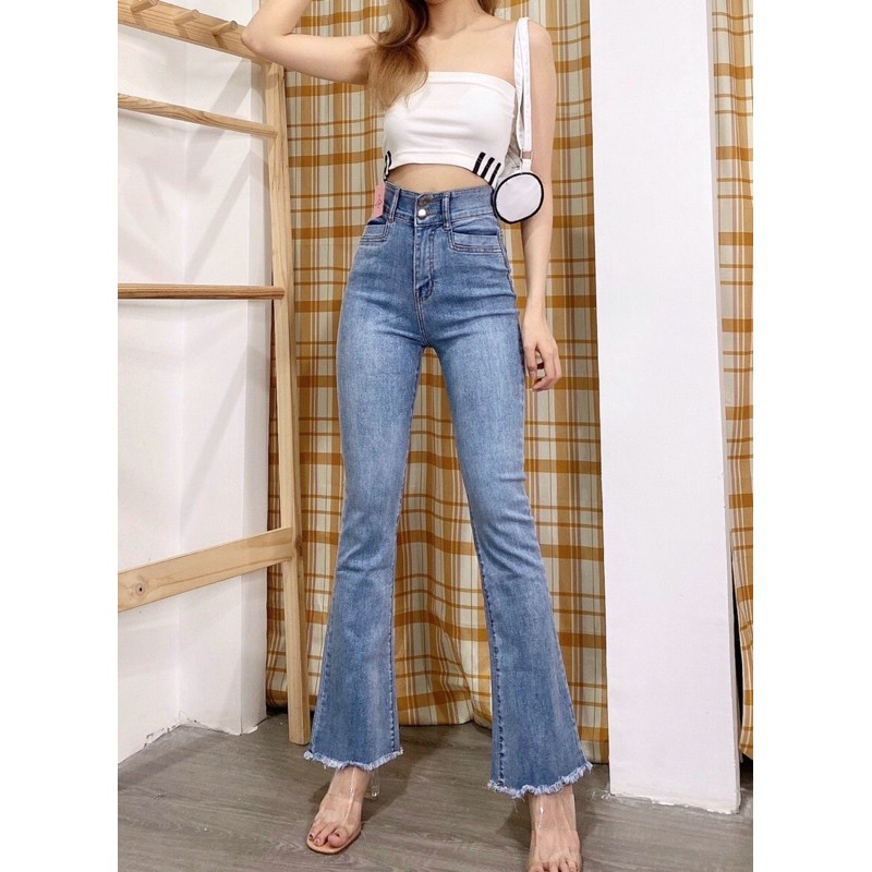 QUẦN JEANS DÀI ỐNG LOE NHẸ CO GIÃN LƯNG CAO 2 Nút- ảnh thật toàn bộ