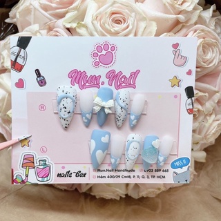 Nail box móng up xanh trắng đính nơ kèm dũa và keo mie shine