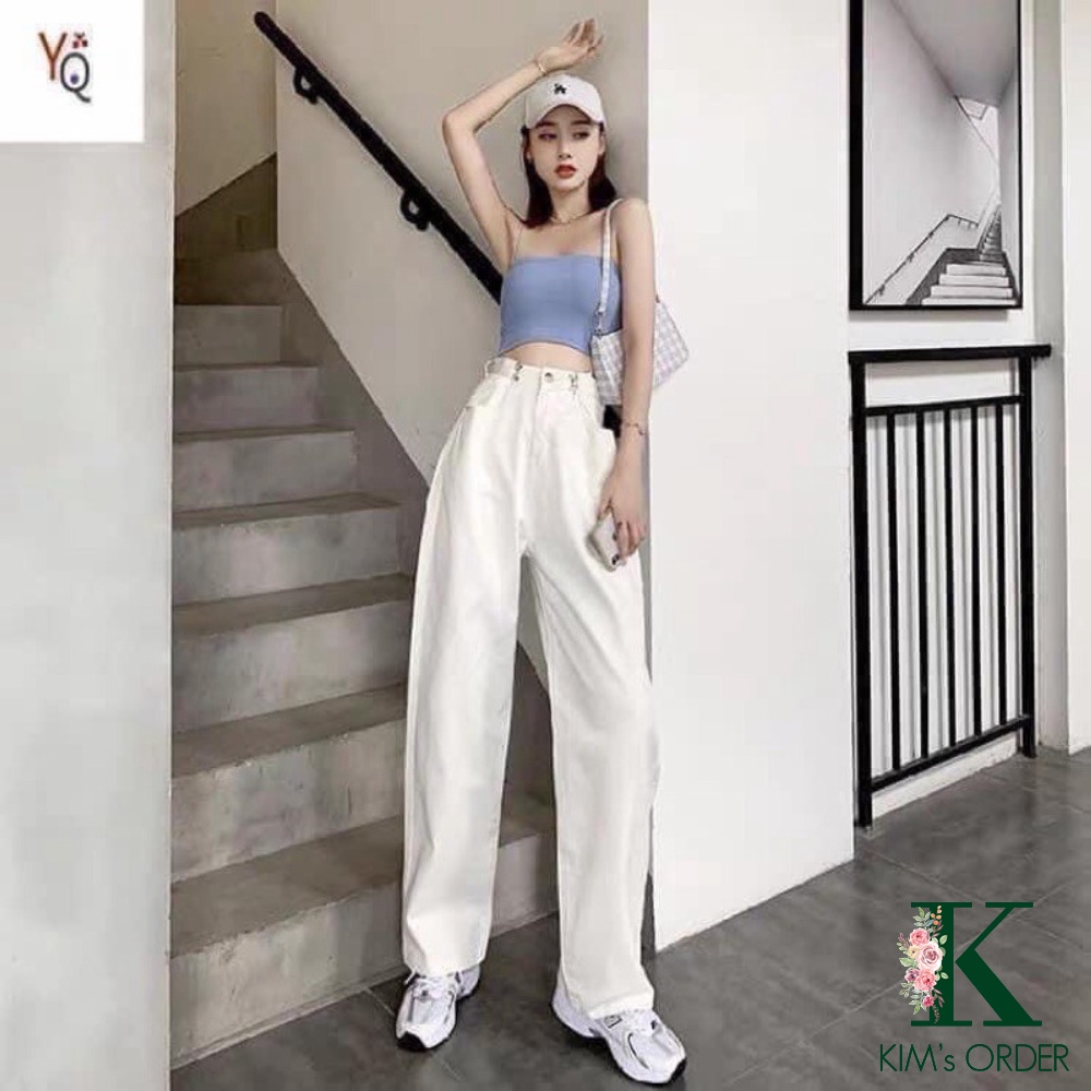 Quần jeans nữ phối khuy gài eo cạp cao ống suông rộng phong cách Ulzzang Hàn Quốc hai màu đen trắng basic chuẩn loại 1