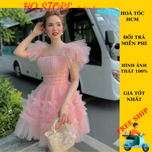 Đầm Công Chúa Lưới Tầng, Váy Lưới Tầng Ngắn Bo Viền Eo Cổ Vuông Cánh Tiên Kèm Mút - Maxi HQ store