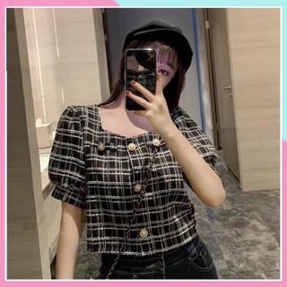 Áo Dạ Kẻ 2 Lớp Khuy Ngọc,Áo Croptop Cổ Vuông Tay Cộc Hàng Loại 1(có ảnh thật+video)