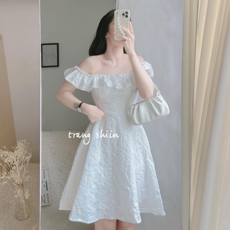 ĐẦM XỐP BẸT VAI BÈO MIDI TRẮNG