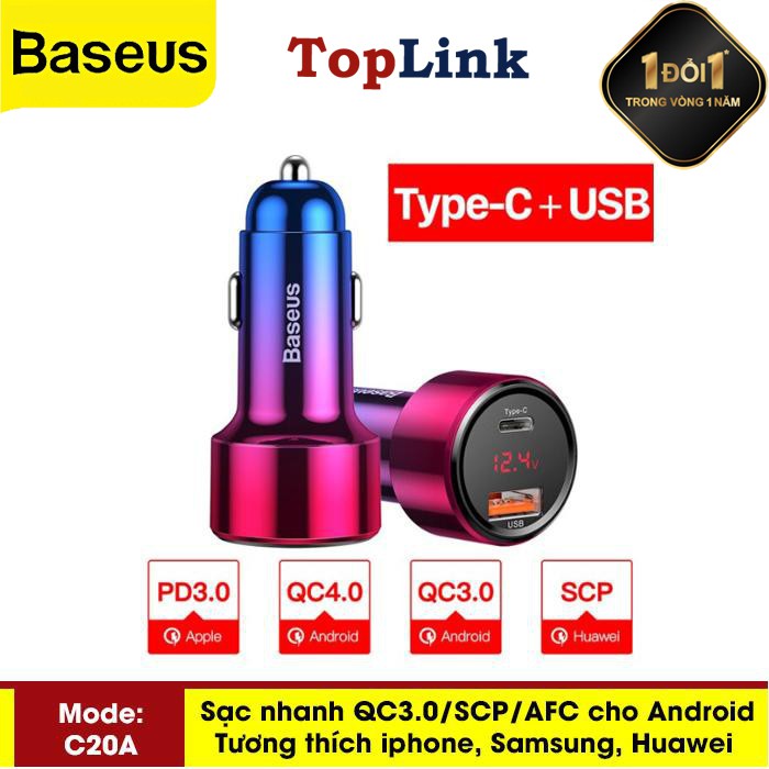 Tẩu Sạc Ô Tô Xe Hơi Baseus Sạc Nhanh 45W Công Nghệ QC 3.0 Cổng Type C và USB A - TopLink