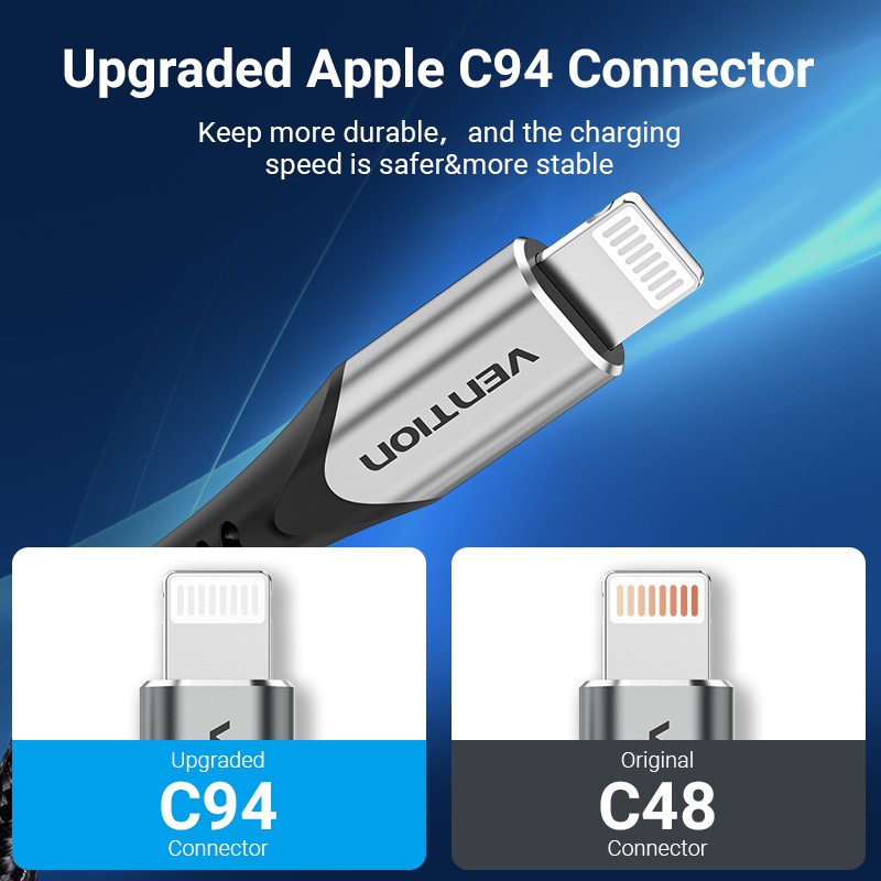 Cáp Vention USB C sang Lightning 3A PD hỗ trợ sạc truyền dữ liệu nhanh 480Mbps