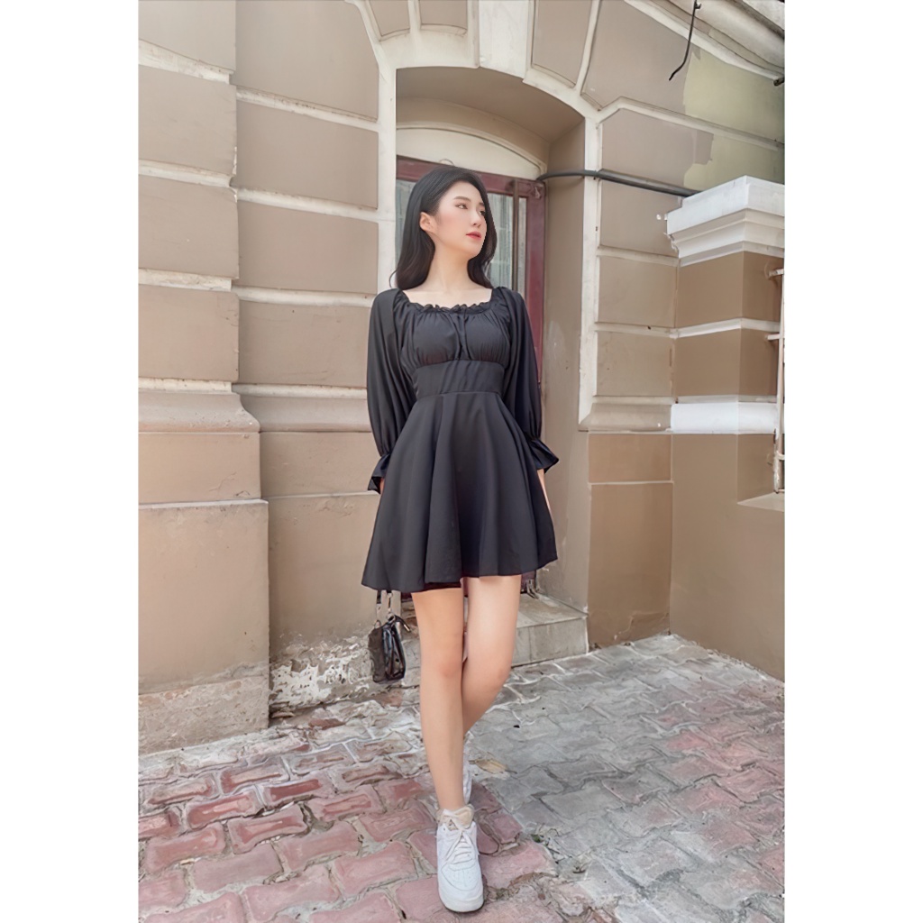 Đầm xoè trễ vai dáng ngắn mini váy xoè tay dài kèm mút ngực phía sau tự đan dây điều chỉnh màu đen Lowenn Dress