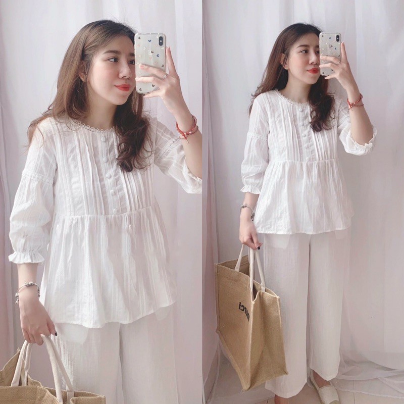 S582 Set Đũi Trắng Phối Áo Babydoll Cúc Bọc Sang Chảnh Kèm Quần Ống Rộng Mặc Cực Kì Thoải Mái , Chất Siêu Mát