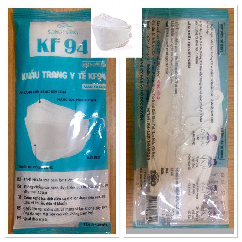 Khẩu trang cao cấp KF94 SÔNG HỒNG túi 3 cái