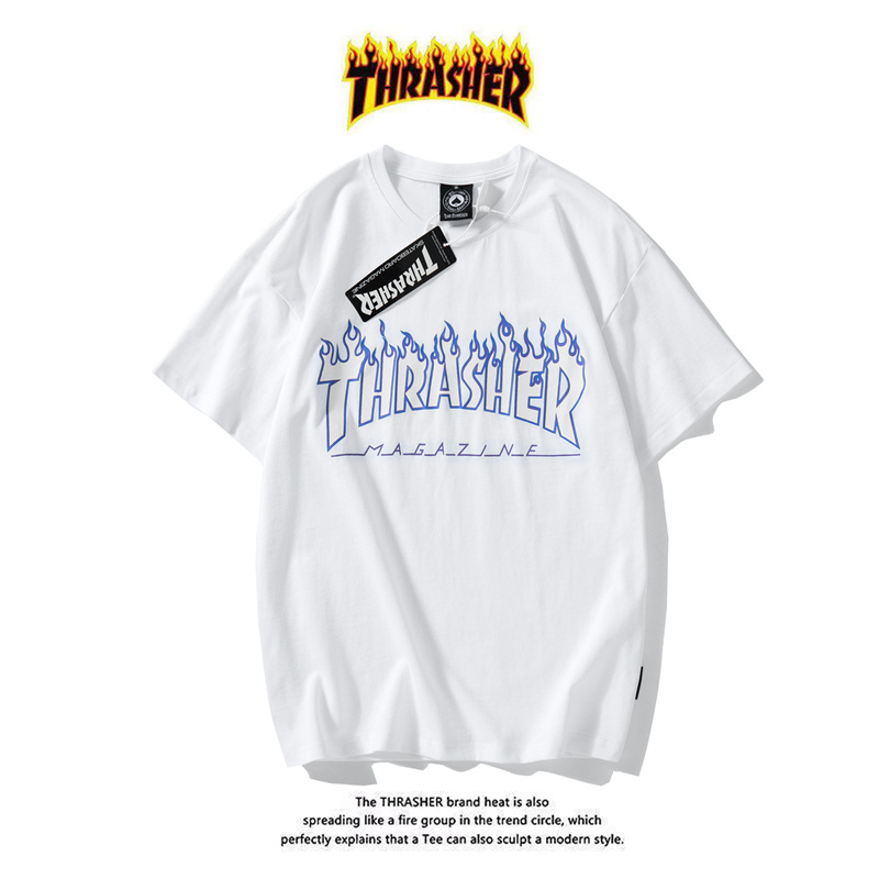 Áo thun cotton tay ngắn dáng rộng in họa tiết chữ Thrasher phong cách thể thao thời trang cho cặp đôi