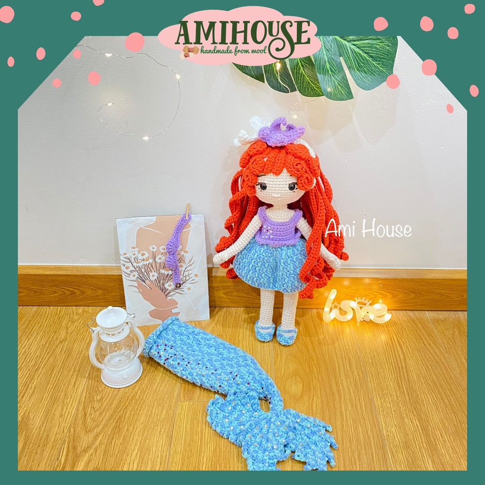 Combo Búp bê Tiên cá kèm phụ kiện dễ thương, Búp bê bằng len Handmade, 100% sợi cotton siêu bền - Ami House