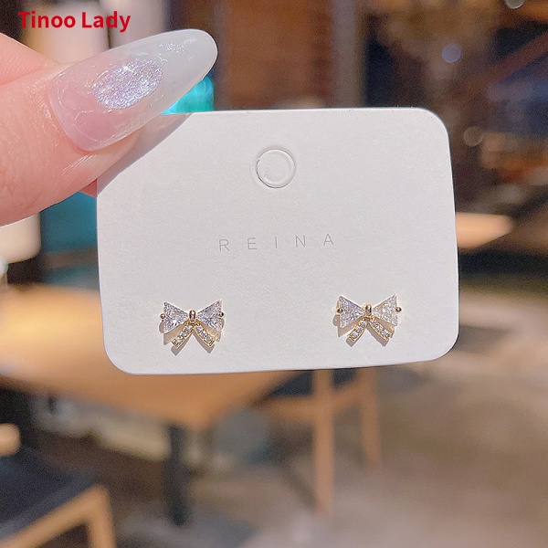 Khuyên Tai Bạc S925 Đính Đá zircon Hình Nơ Nhỏ Xinh Thời Trang Cho Nữ
