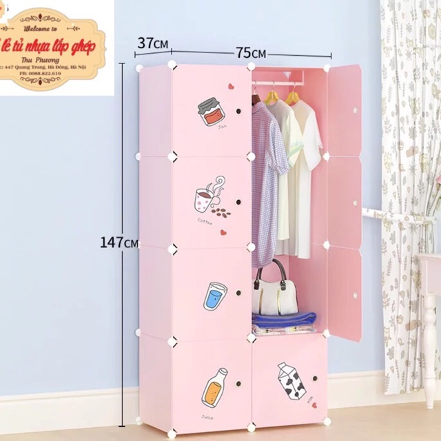 TỦ NHỰA GHÉP- TỦ QUẦN ÁO 8 Ô SÂU 47cm. Mẫu đồ ăn cute. Tặng kèm 1 treo đồ. Thân hồng cửa hồng hình đồ ăn.