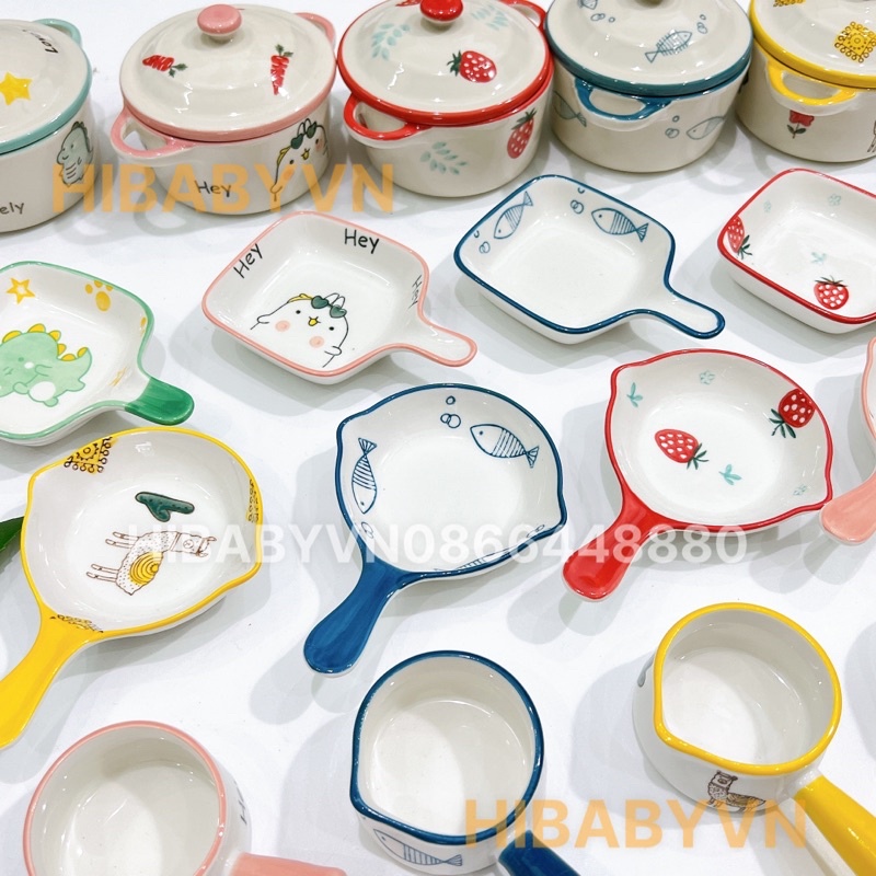 Bộ Nồi, Chảo, Gáo Hoạ tiết sứ Cao Cấp Cho Bé Ăn Dặm, Decor Gia Đình