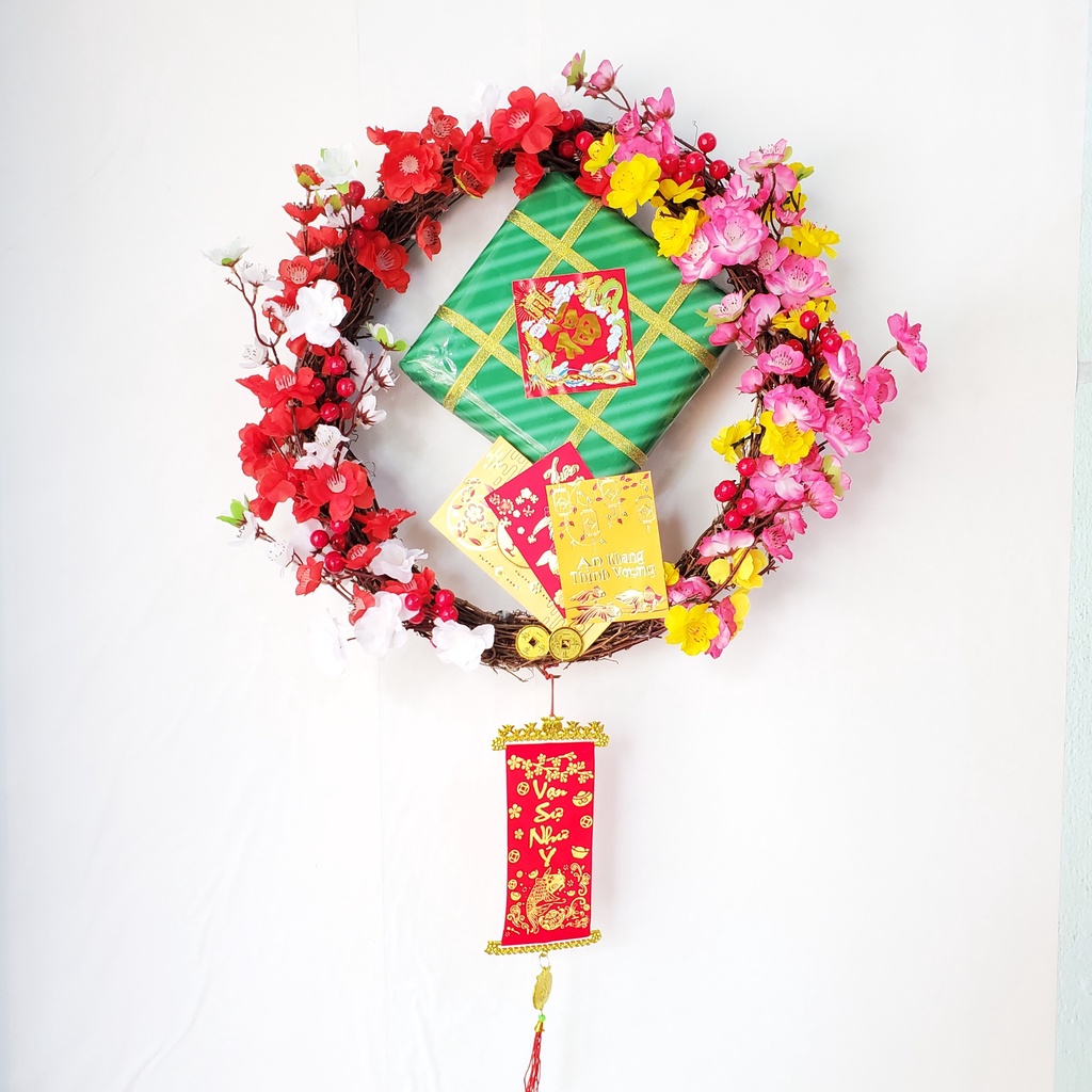 Vòng hoa mai đào trang trí tết mẫu H19 đường kính 40cm