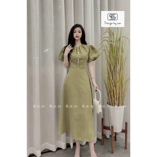 Đầm thời trang nữ mặc đi chơi chất tăm nhung cao cấp y mẫu cổ tròn tay ngắn phồng đính nút dáng váy xoè dài