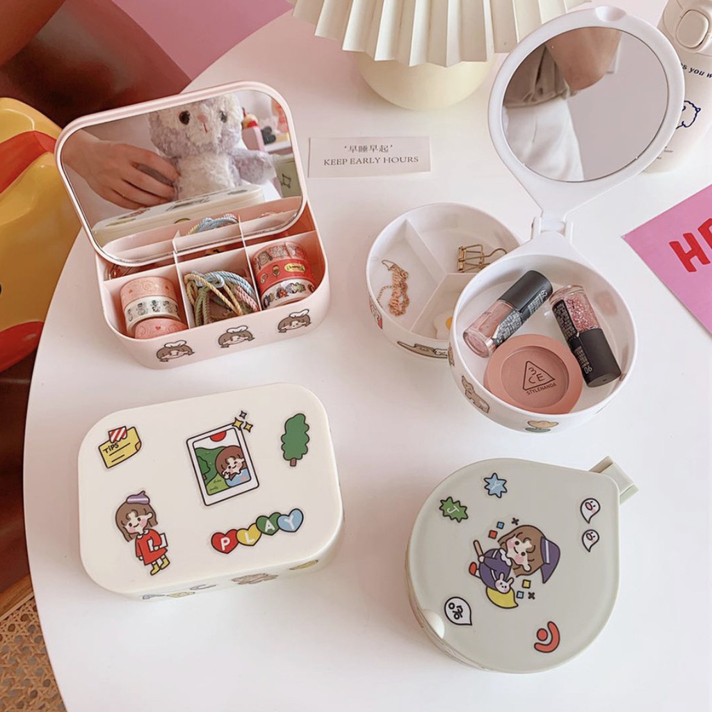 Set hộp nhựa để bàn có gương đựng phụ kiện, washi tape