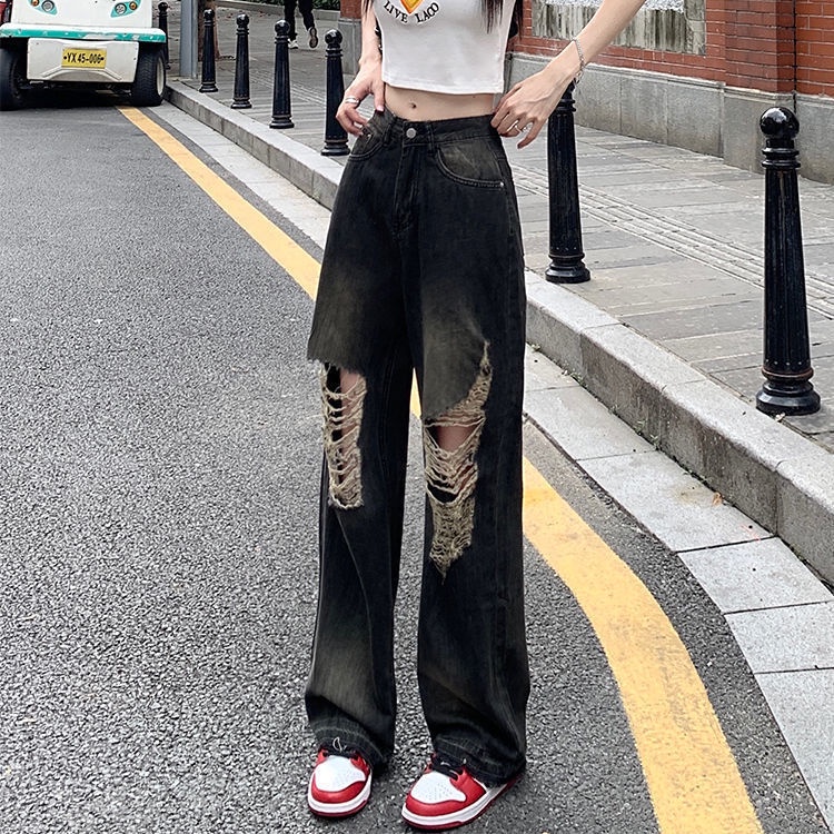 Jiashucheng Hàng Có Sẵn Quần Jean Rách Lưng Cao Dáng Rộng Phong Cách Retro Đường Phố Hàn Quốc Mùa Hè Cho Nữ