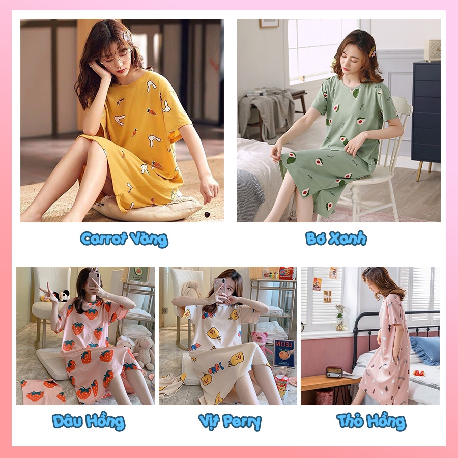 Váy ngủ cộc tay đầm ngủ nữ dễ thương dáng suông bigsize chất cotton mềm mát họa tiết hoạt hình VN01